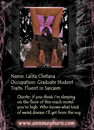 Lalita from The Bodyguard's Princess Woman in a pink corset with her hands bound behind her back with a black silk ribbon
